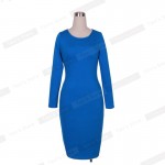 Nice-forever Autumn women Business dress blue vintage long sleeve formal Zipper wear to work bodycon pencil Midi dress bty758