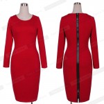 Nice-forever Autumn women Business dress blue vintage long sleeve formal Zipper wear to work bodycon pencil Midi dress bty758