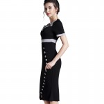 Nice-forever Bowknot Female Work Vintage Dress Women Cotton Tunic Black Short Sleeve Formal Mermaid Buttons Wiggle dress b220