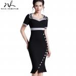Nice-forever Bowknot Female Work Vintage Dress Women Cotton Tunic Black Short Sleeve Formal Mermaid Buttons Wiggle dress b220