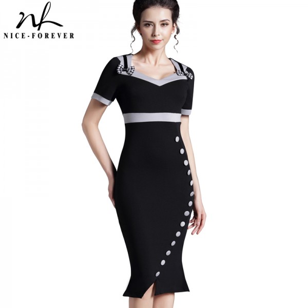 Nice-forever Bowknot Female Work Vintage Dress Women Cotton Tunic Black Short Sleeve Formal Mermaid Buttons Wiggle dress b220