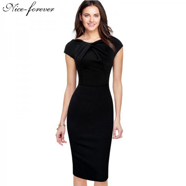 Nice-forever Brief Lady Elegant Twist Neck Knee length Work Office Slim Casual Pencil Sheath Bodycon Solid Woman Dress B310