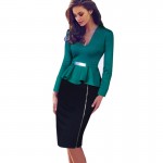 Nice-forever Casual Elegant Work Peplum Vintage dress Stylish Office Lady Patchwork 3/4 Full Sleeve Ruffle Pencil Dress b241