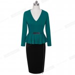 Nice-forever Casual Elegant Work Peplum Vintage dress Stylish Office Lady Patchwork 3/4 Full Sleeve Ruffle Pencil Dress b241