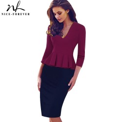 Nice-forever Casual Elegant Work Peplum Vintage dress Stylish Office Lady Patchwork 3/4 Full Sleeve Ruffle Pencil Dress b241