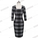 Nice-forever Casual Work Vintage dress Office Lady Solid Square Neck V Back 3/4 Sleeve Grid Sheath Slimming Pencil Dress b249