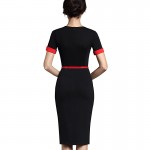 Nice-forever Classic Patchwork Short Sleeve Mature Stylish Casual Work Leaf Neck Bodycon Women Office Pencil Slim Dress B350