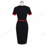 Nice-forever Classic Patchwork Short Sleeve Mature Stylish Casual Work Leaf Neck Bodycon Women Office Pencil Slim Dress B350