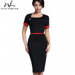 Nice-forever Classic Patchwork Short Sleeve Mature Stylish Casual Work Leaf Neck Bodycon Women Office Pencil Slim Dress B350