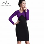 Nice-forever Elegant Autumn Work Patchwork Sheath Vintage Women Gorgeous OL Style V neck Knee-Length Bodycon Pencil Dress B248