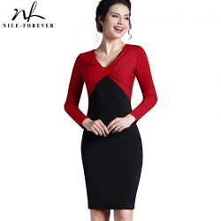 Nice-forever Elegant Autumn Work Patchwork Sheath Vintage Women Gorgeous OL Style V neck Knee-Length Bodycon Pencil Dress B248