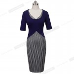 Nice-forever Elegant Lady Grid Stylish Casual Work Half Sleeve Mature V-Neck Bodycon Slim Women Office Pencil Women Dress B324