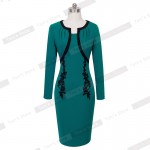 Nice-forever Elegant Vintage Gorgeous Sheath Dress Appliques Patchwork Fitted Full Sleeve Business Turquoise Pencil Dress b247