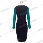 Nice-forever Elegant Vintage Gorgeous Sheath Dress Appliques Patchwork Fitted Full Sleeve Business Turquoise Pencil Dress b247