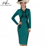 Nice-forever Elegant Vintage Gorgeous Sheath Dress Appliques Patchwork Fitted Full Sleeve Business Turquoise Pencil Dress b247