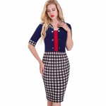 Nice-forever Faux Jacket Vintage Elegant Patchwork Summer Women Plaid Contrast Work Dresses Buttons Bodycon Pencil dress B222