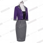Nice-forever Faux Jacket Vintage Elegant Patchwork Summer Women Plaid Contrast Work Dresses Buttons Bodycon Pencil dress B222