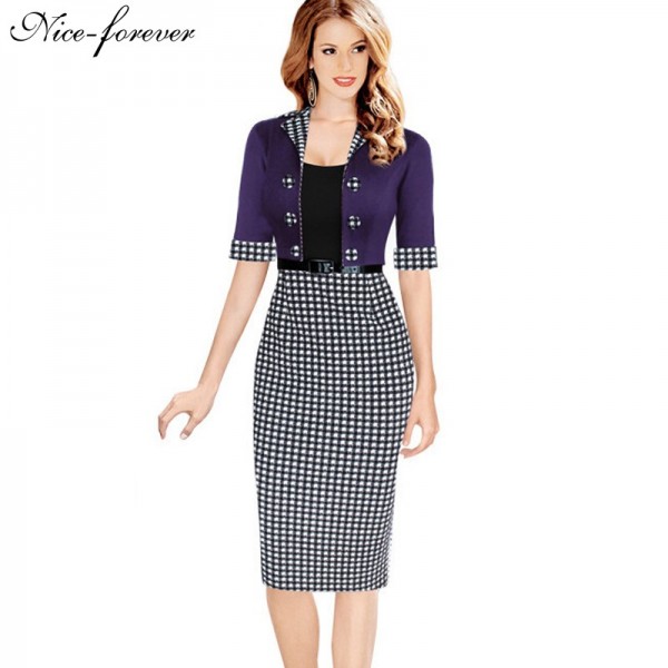 Nice-forever Faux Jacket Vintage Elegant Patchwork Summer Women Plaid Contrast Work Dresses Buttons Bodycon Pencil dress B222