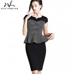 Nice-forever Grid Fashion Patchwork Women Formal Work Business bodycon Peplum Business Small V-Neck Pencil Office Dress B286
