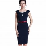 Nice-forever Lace Lady  Square Neck Button Knee length sleeveless with Belt Business Office Casual Midi Pencil Woman Dress B307