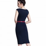 Nice-forever Lace Lady  Square Neck Button Knee length sleeveless with Belt Business Office Casual Midi Pencil Woman Dress B307