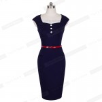 Nice-forever Lace Lady  Square Neck Button Knee length sleeveless with Belt Business Office Casual Midi Pencil Woman Dress B307