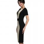 Nice-forever Mature Patchwork Vintage Elegant Casual Work Short Sleeve O-Neck Bodycon Women Office Pencil Slim Dress B331