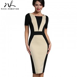 Nice-forever Mature Patchwork Vintage Elegant Casual Work Short Sleeve O-Neck Bodycon Women Office Pencil Slim Dress B331