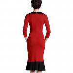 Nice-forever Mermaid Button Autumn 3/4 Sleeve red New Vintage dress V neck formal work bodycon office Wiggle Midi dress b27