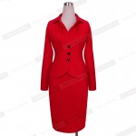 Nice-forever New Fashion Long Sleeve Office Lady Vintage Buttons formal red Tunic Wear To Work warm Sheath Bodycon Dress 749