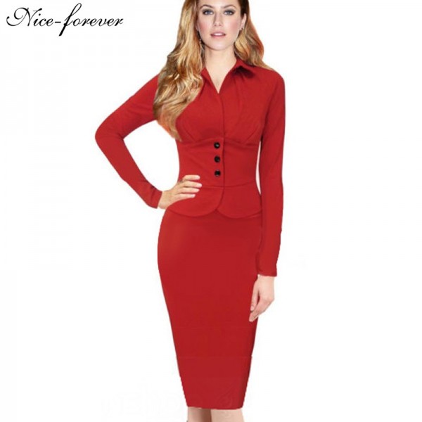 Nice-forever New Fashion Long Sleeve Office Lady Vintage Buttons formal red Tunic Wear To Work warm Sheath Bodycon Dress 749