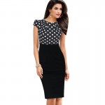 Nice-forever New Print Stylish Elegant Casual Work Ruched Cap Sleeve Gather O-Neck Bodycon Knee Women Office Pencil Dress B316