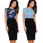 Nice-forever New Print Stylish Elegant Casual Work Ruched Cap Sleeve Gather O-Neck Bodycon Knee Women Office Pencil Dress B316