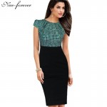 Nice-forever New Print Stylish Elegant Casual Work Ruched Cap Sleeve Gather O-Neck Bodycon Knee Women Office Pencil Dress B316