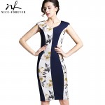 Nice-forever New V-neck Print Floral Patchwork White Elegant Casual Work Sleeveless Tunic Bodycon Spring office Dress b280
