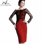 Nice-forever Off-Shoulder Gorgeous Vintage Dress Sexy Slash Neck Lace Top Long Sleeve Zipper Club wear Casual Pencil dress 803