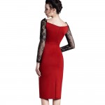 Nice-forever Off-Shoulder Gorgeous Vintage Dress Sexy Slash Neck Lace Top Long Sleeve Zipper Club wear Casual Pencil dress 803