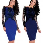 Nice-forever Off-Shoulder Gorgeous Vintage Dress Sexy Slash Neck Lace Top Long Sleeve Zipper Club wear Casual Pencil dress 803