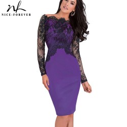 Nice-forever Off-Shoulder Gorgeous Vintage Dress Sexy Slash Neck Lace Top Long Sleeve Zipper Club wear Casual Pencil dress 803