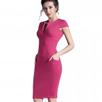 Nice-forever Office Women Vintage Summer Solid Deep V neck Plus Size Zipper Back Formal Stretch Pencil work Bodycon Dress 521