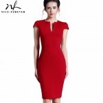 Nice-forever Office Women Vintage Summer Solid Deep V neck Plus Size Zipper Back Formal Stretch Pencil work Bodycon Dress 521