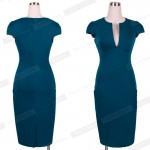 Nice-forever Office Women Vintage Summer Solid Deep V neck Plus Size Zipper Back Formal Stretch Pencil work Bodycon Dress 521