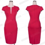 Nice-forever Office Women Vintage Summer Solid Deep V neck Plus Size Zipper Back Formal Stretch Pencil work Bodycon Dress 521