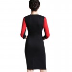 Nice-forever Office Women Zipper special New Arrival Plus Size fashion patchwork V neck formal work bodycon Midi dress 837