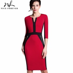 Nice-forever Office Women Zipper special New Arrival Plus Size fashion patchwork V neck formal work bodycon Midi dress 837