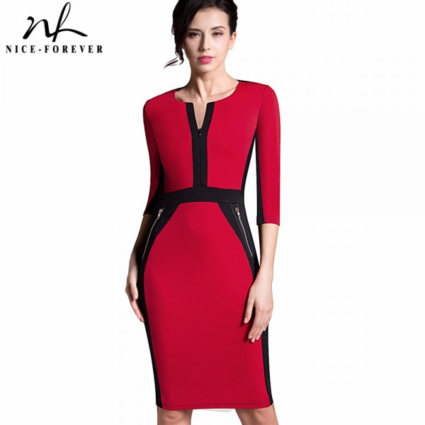 Nice-forever Office Women Zipper special New Arrival Plus Size fashion patchwork V neck formal work bodycon Midi dress 837