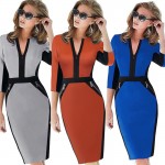 Nice-forever Office Women Zipper special New Arrival Plus Size fashion patchwork V neck formal work bodycon Midi dress 837
