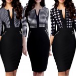 Nice-forever Office Women Zipper special New Arrival Plus Size fashion patchwork V neck formal work bodycon Midi dress 837