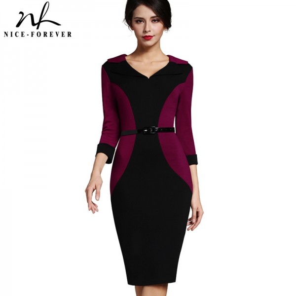 Nice-forever Patchwork Vintage Elegant V-Neck Office Dress Bodycon Turn-down Sleeve Work With Belt Women Pencil Dress B354