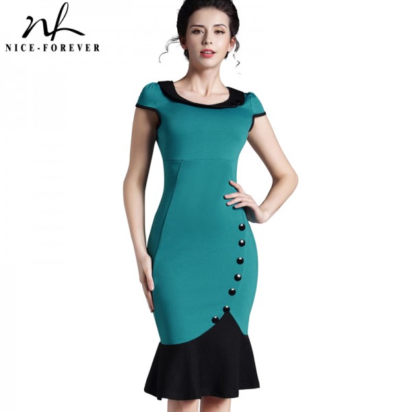 Nice-forever Plus size Patchwork Dress sleeveless Women Elegant office Button Mermaid Work Wiggle Pencil casual Dress 854